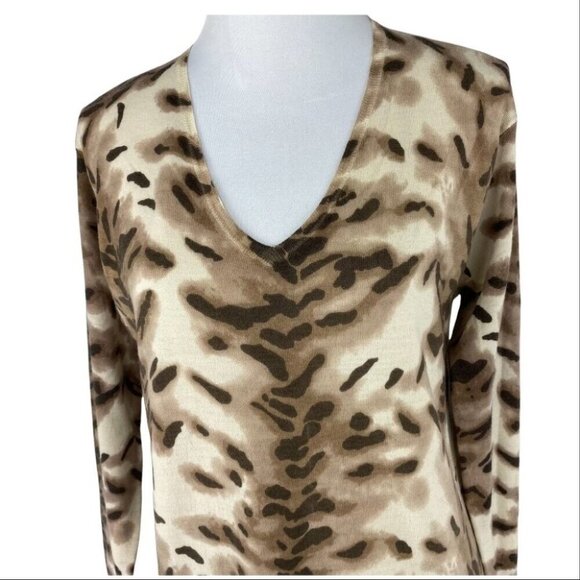 Adrienne Vittadini Women's Tan Animal Print Wool V-Neck Tunic‎ Sweater M/C38 - Picture 2 of 9